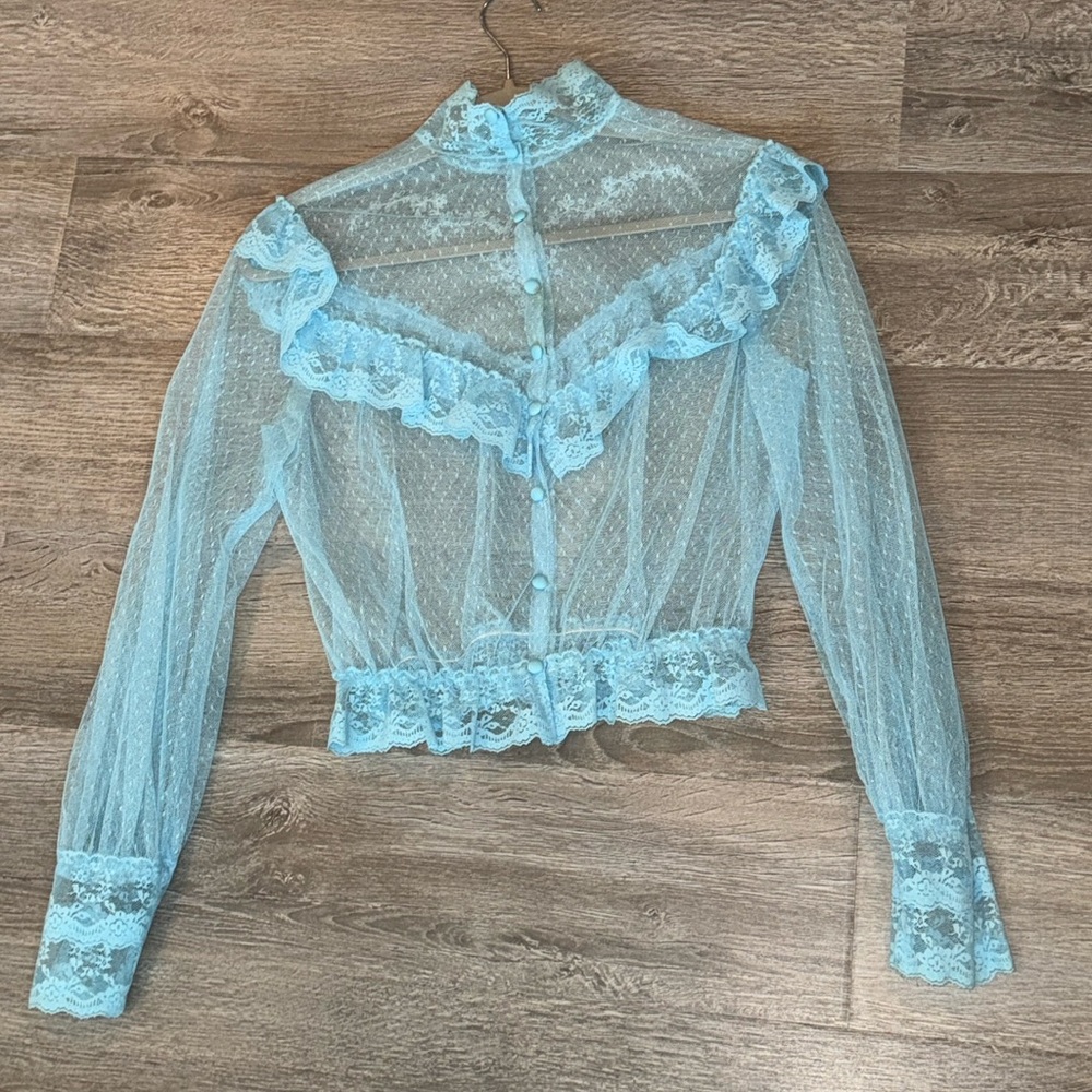 Vintage Sheer Lace Blouse in Light Blue